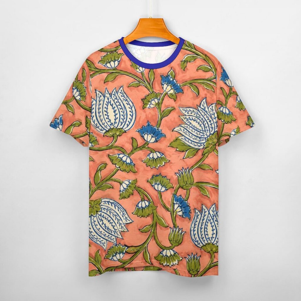 All over mugal print sanganeri bagru indian art paisley print tee shirt.