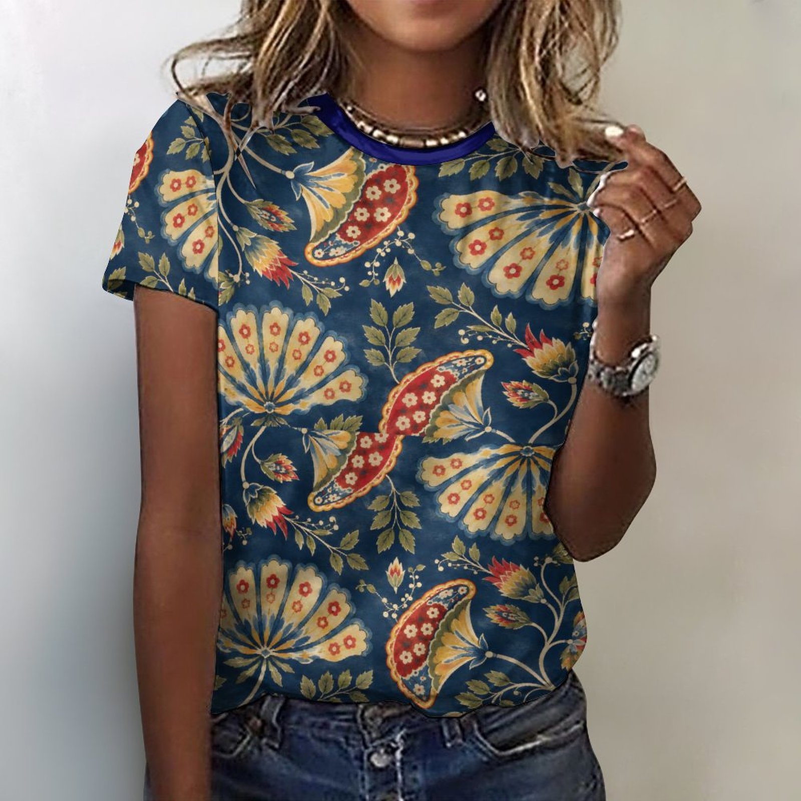 All over mugal print sanganeri bagru indian art Hand paisley print tee shirt. All over mugal print sanganeri bagru indian art Hand paisley print tee shirt.