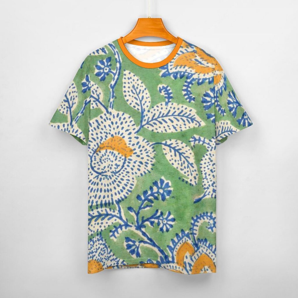 All over mugal print sanganeri bagru indian art paisley print tee shirt.