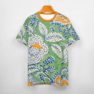 All over mugal print sanganeri bagru indian art paisley print tee shirt.