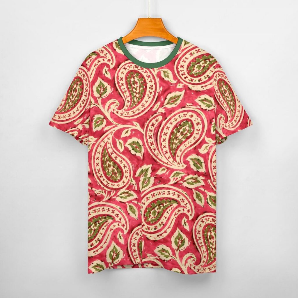 All over mugal print sanganeri bagru indian art paisley print tee shirt.
